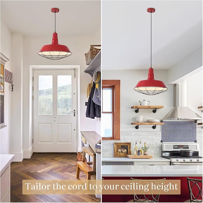 Red Large Pendant Lights Kitchen Island, 18.1 Inch Farmhouse Pendant Light, Industrial Pendant Light with Wire Cage, Kitchen Cage Light 2 Pack, Island Pendant Lights for Kitchen Dining Room