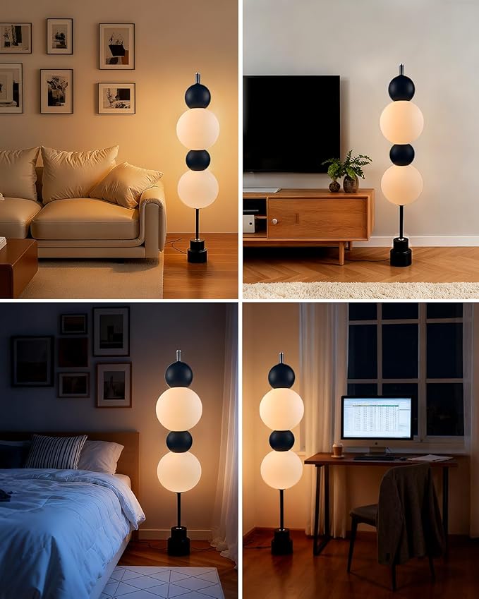 Globe Floor Lamp - Black Metal with White Globe Tower, 3000K Dimmable LED, Touch Switch, Modern Tall Standing Lamp for Bedroom, Living Room, Home Office