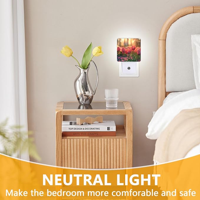 Tulip Flowers Night Light, Plug-into Pink Floral Nightlight White LED Lamp, Energy Efficient Decor Desk Lamp for Bedroom Hallway Stairs Bathroom