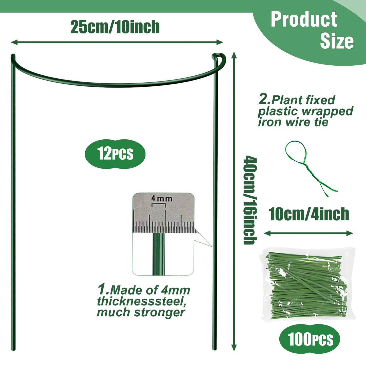 LINGHUI 12 Pack Plant Support Stakes, 10" Wide x 16" High,Heavy-Duty Half Round Peony Support Ring and Cage for Indoor and Outdoor Plants, Peony, Tomato, Hydrangea, Rose(100 Plant Ties)