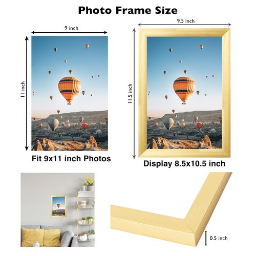 JCJMY 9x11 Picture Frame Gold for Wall Hanging or Tabletop, Wall Mounting Horizontally or Vertically, 9 x 11 Wall Gallery Poster Photo Frame with Durable Shatter Resistant Plexiglass,Gold