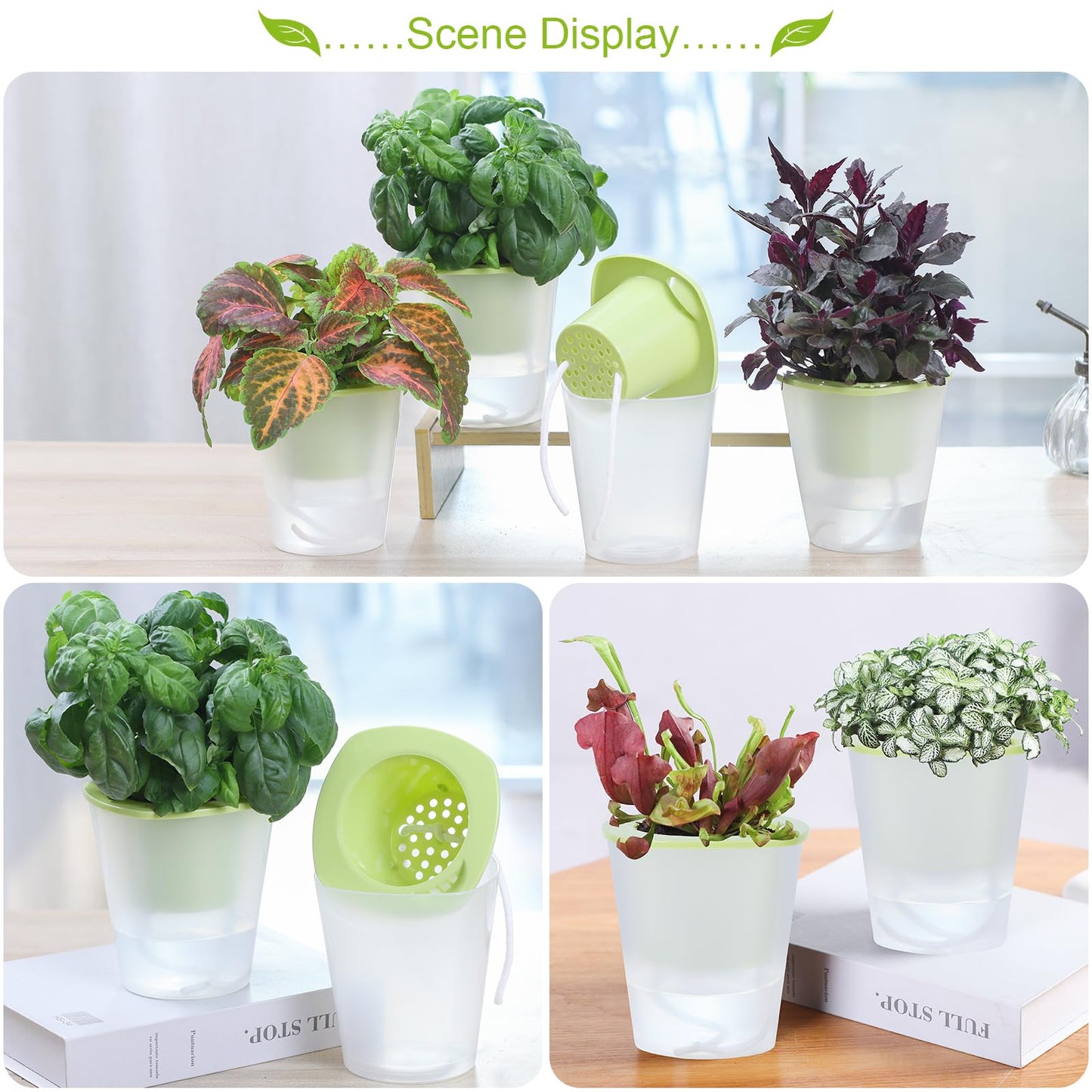 Oliz Self Watering Planter 8 Pcs,4.3 Inch Flower Plant Pot with Inner Pot, Indoor Self Watering Planter Pot for Herbs, Flowers (Green)