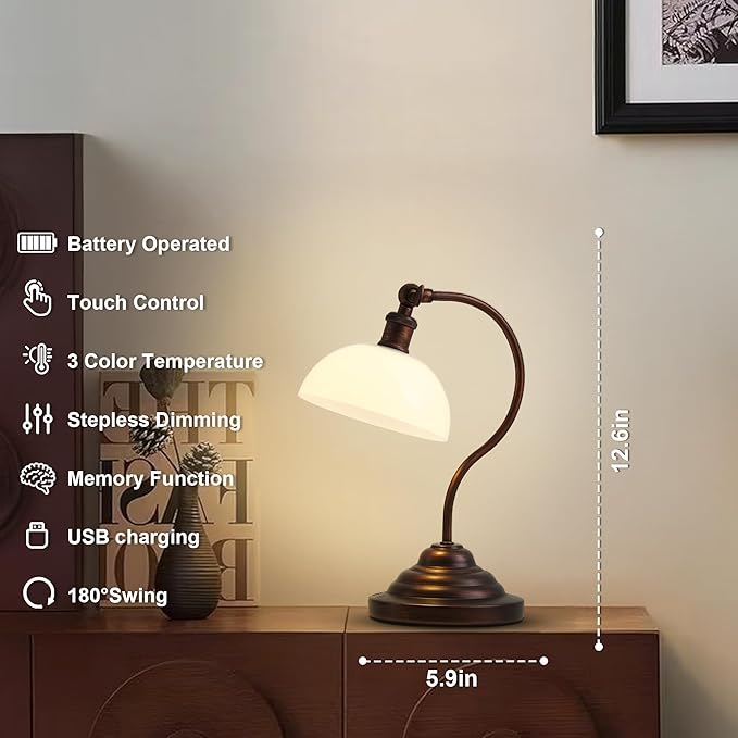 Cordless LED Table Lamp, Battery Operated Desk Lamps with Swing Arm & Plastic Shade, Vintage Small Rechargeable Dimmable Light for Bedroom, Living Room, Nightstand, Oil Rubbed Bronze