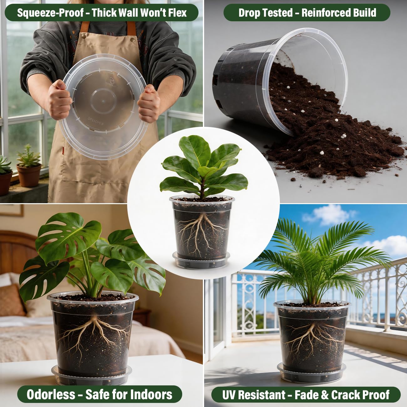 BTPLASTIK 3 Gallon Clear Nursery Pots with Saucers 5P, 10 Inch Round Plastic Plant Pots with Drainage Holes