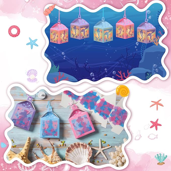 12 Sets Mermaid Lanterns Crafts with LED Candles Mermaid Tissue Paper Crafts Kits DIY Paper Lanterns for Party Decor Activities
