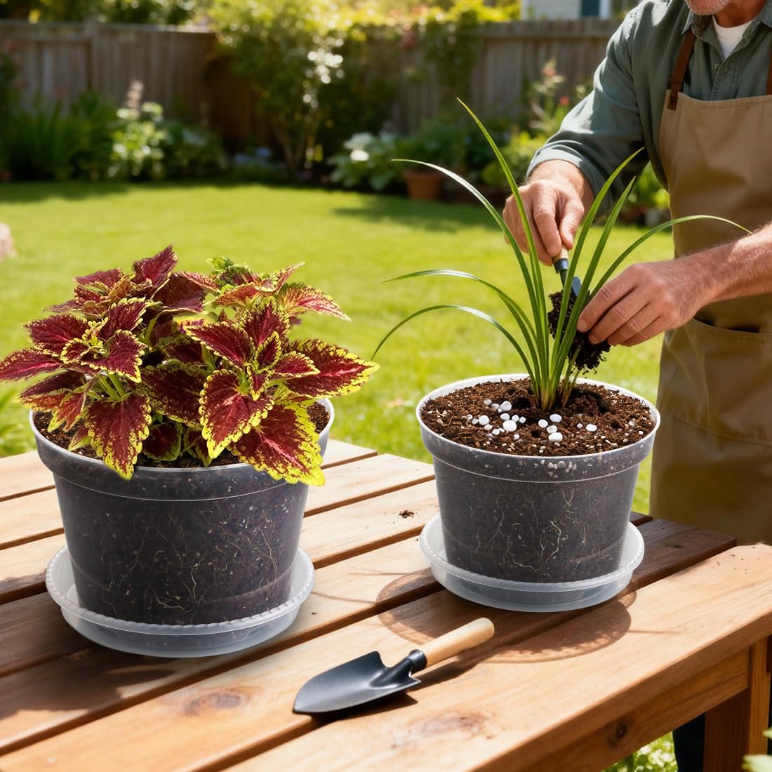 RooTrimmer 12 Pack 8 Inch Clear Plant Pots with Saucers, Transparent Plastic Nursery Pots with Drainage Hole, Sturdy Garden Planter Pots, Planting Starter Pots for Indoor Outdoor