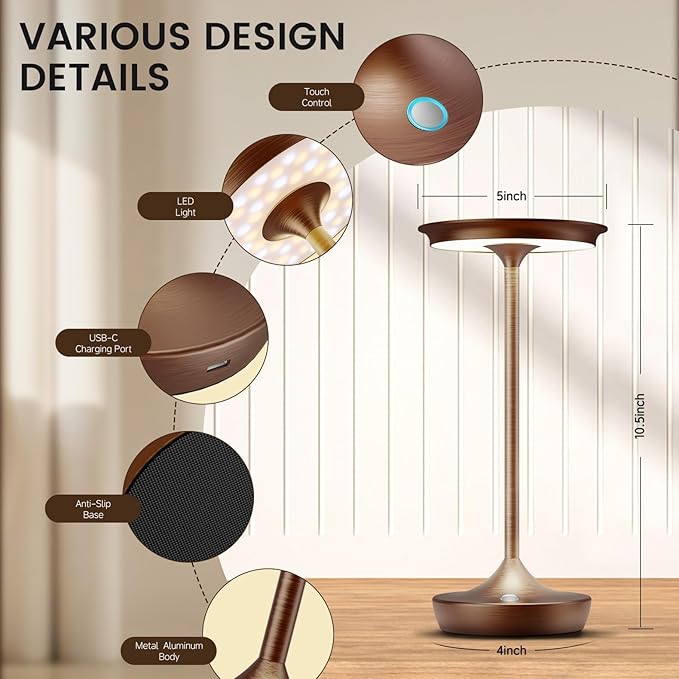 LED Cordless Table Lamp Rechargeable- Battery Operated Touch Lamps,Portable 3 Color Dimming Waterproof Lights for Patio/Restaurant/Dining/Outdoor (Brown)