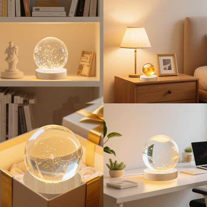 8 Pack Wooden LED Light Display Base with Switch, 3.9” Round Warm Light Stand for Crystal Glass Ball Figurine, USB Powered Lighted Holder for Resin Crafts, Art Decoration