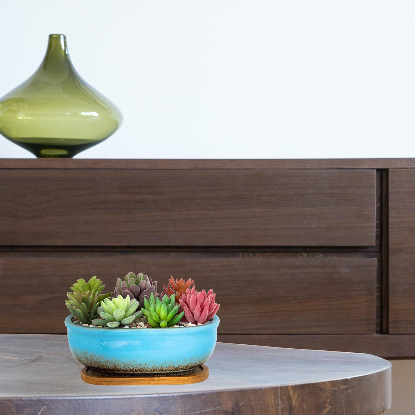 ARTKETTY Succulent Pots, 7.9 Inch Large Succulent Planters with Drainage Tray, Shallow Planters for Indoor Plants Ceramic Cactus Pots Glazed Bonsai Flower Plant Container for Home Windowsill Decor