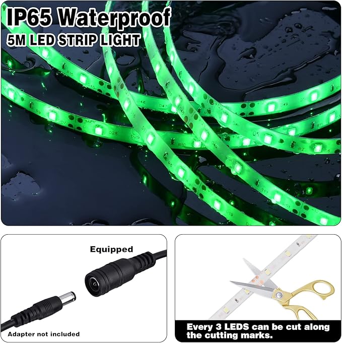 iNextStation 12V LED Light Strip IP65 Waterproof Green LED Strip Lights 16.4ft/5m Cuttable 300 SMD 2835 LED Tape Flexible Led Lights for Bedroom Outdoor Indoor Decor (Power Adapter not Included)