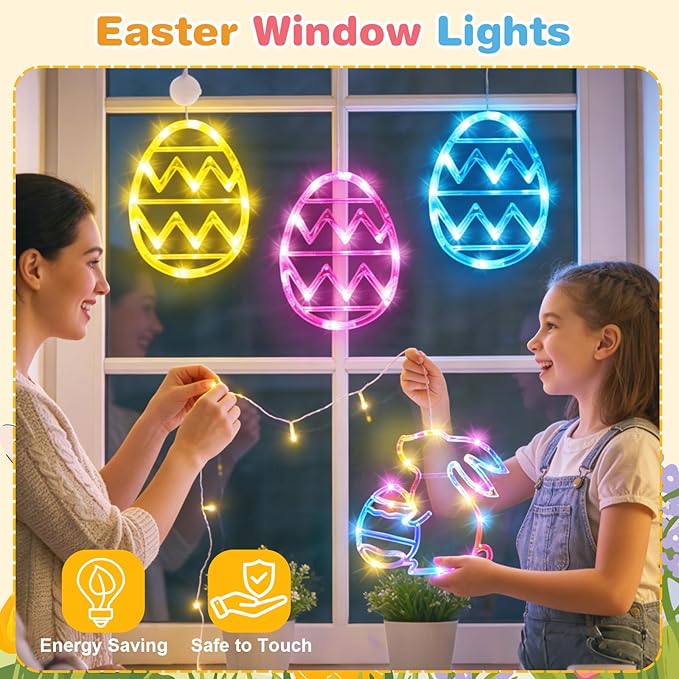 3 Pack Easter Lights for Window,Easter Window Hanging Lights Decorations LED Egg Shaped Battery Operated with Suction Cup for Home Bedroom Decor