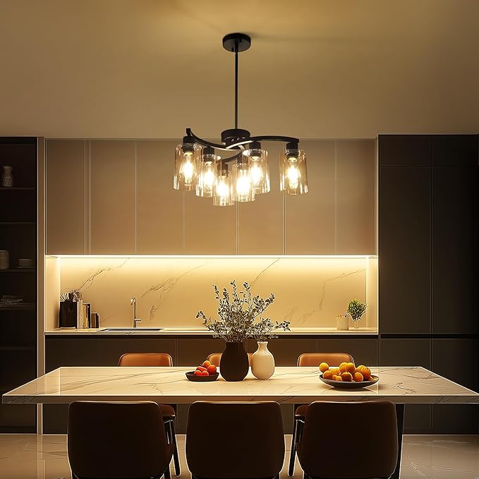6 Light Modern Chandeliers for Dining Room,21.7" Black Hanging Light Fixture，Kitchen Pendant Lighting Over Island，Industrial Farmhouse Chandelier,Metal with Downward Clear Glass Shade