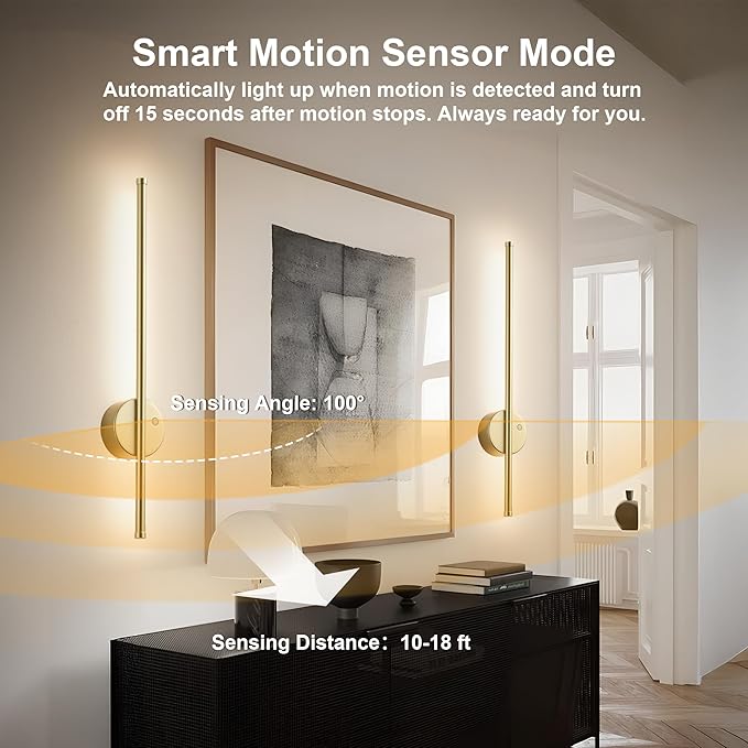 Motion Sensor Battery Operated Wall Sconce Set of Two - Modern Rechargeable Wireless Wall Lights with Remote Control, Dimmable, 3000K/4000K/6000K, Timer for Living Room, Hallway,23.6 Inch, Gold
