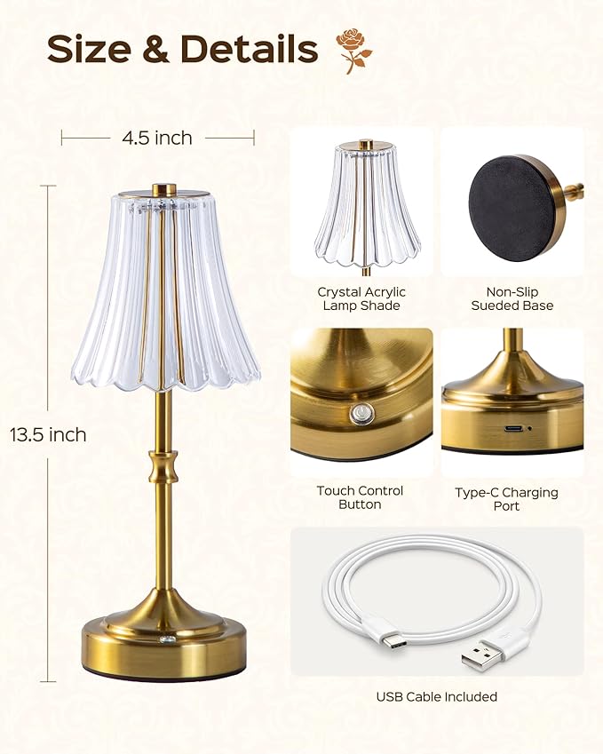 JACKYLED Vintage Cordless Table Lamp, Acrylic Crystal Flower Lamp Shade, 3 Colors Dimmable LED Golden Lamp, 5400mAh Battery Operated Rechargeable Lamp for Kitchen Counter Home Decor