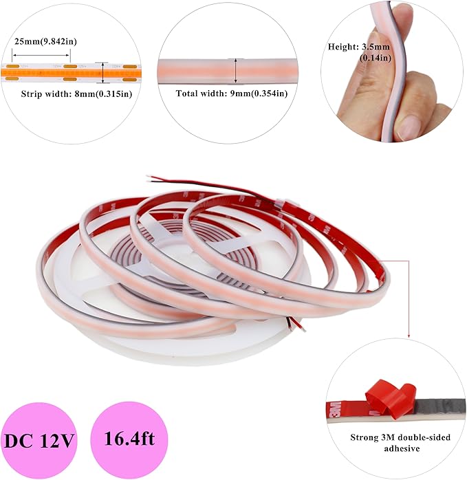 COB LED Strip Lights Pink 480LEDs/m DC12V 16.4ft/5m Waterproof IP67 High Density LED Rope Lights for Outdoor Cabinets Desks Party DIY Decor