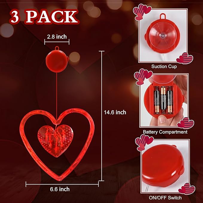 LOLStar 3 Pack Valentines Day Window Lights Decor with Timer, Battery Operated Red Heart-Shaped Window Decorations Silhouette Sucker LED Lamp Slow Fade Mode Hanging Lights for 2026 Holiday Indoor Home