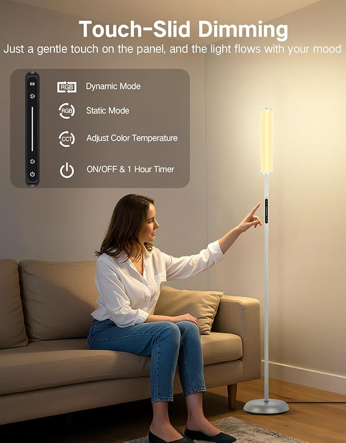 OUTON Corner Floor Lamp with Remote, Touch & App Control, RGB Color Changing Standing Lamp with 32 Modes, 360 Lighting, 3 Color Temperatures, Dimmable 66 in Tall Lamp for Living Room Bedroom,Grey