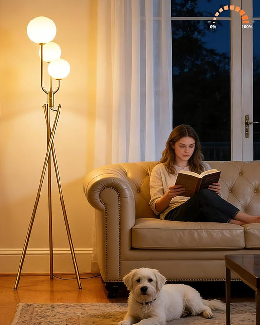 Lightdot Gold Floor Lamp Dimmable Mid Century Tripod Floor Lamp with 3 Pole Lights with 3Pcs 3000K Bulbs Included Tripod Standing Lamps with Stable Base for Living Room/Sofa Beside/Corner Decor