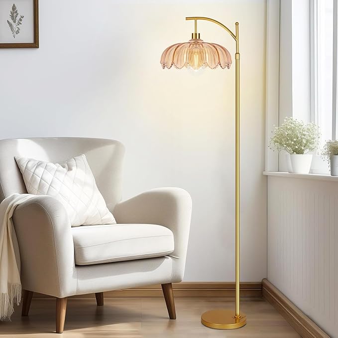 Floor Lamp for Living Room,Bedroom,Gold Dimmable Standing Lamp with Remote,Mid Century Modern Brass Tall Lamp Retro Vintage Green Glass Lamp Floor Light Boho Bohemian