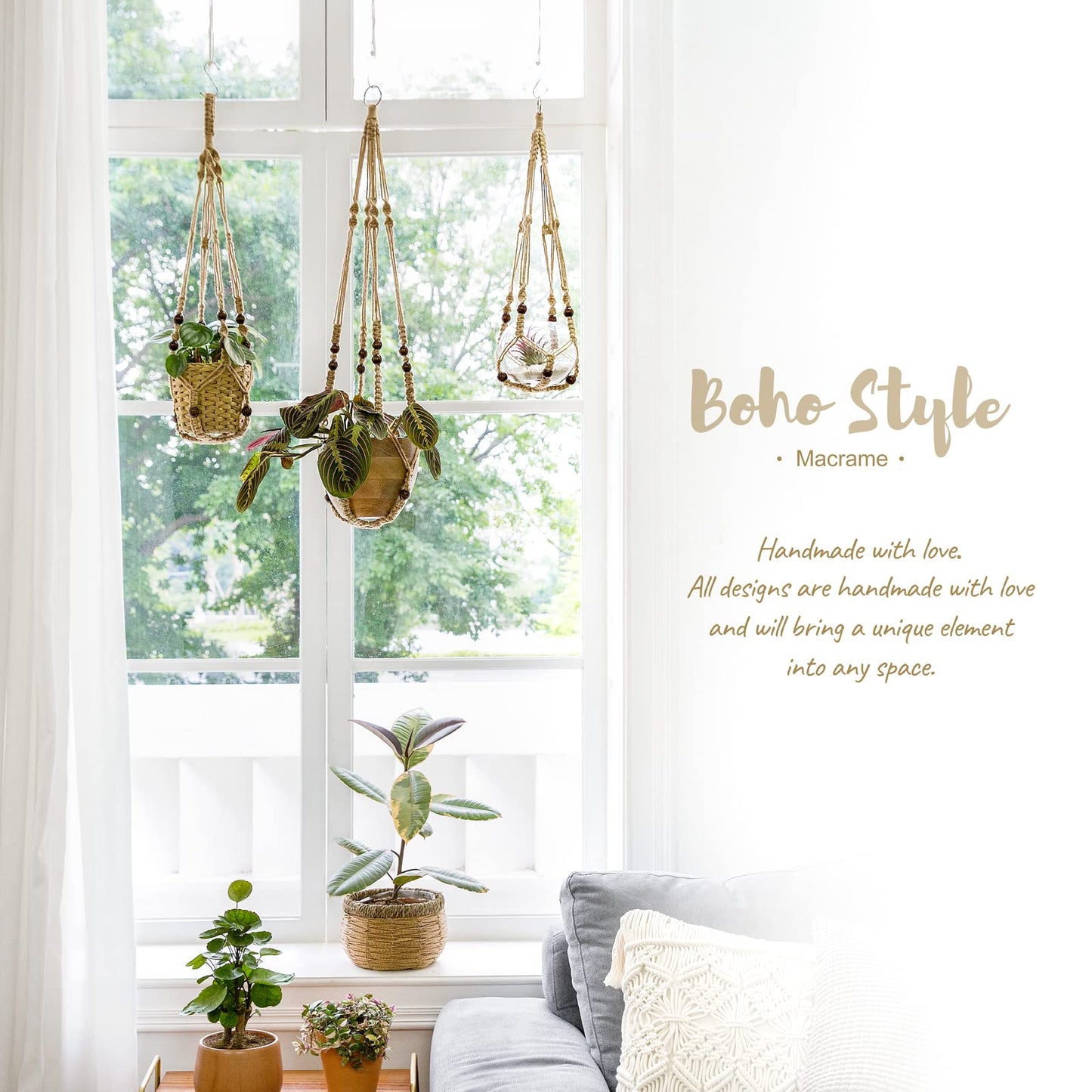 Mkono Set of 5 Macrame Plant Hangers Indoor 4 Different Size Hanging Planter Basket Flower Pot Holder 40"/35"/29"/23", Brown