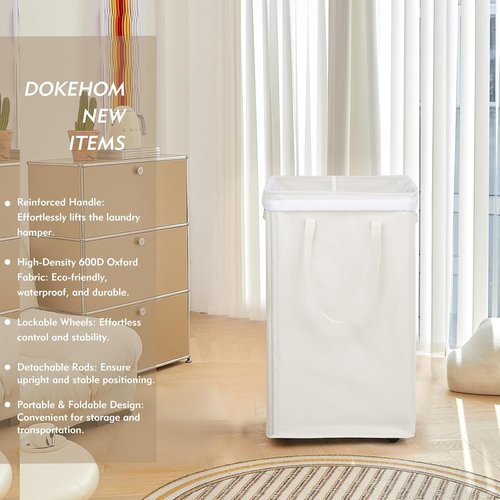 DOKEHOM X-Large 90L Laundry Basket - Collapsible Rolling Hamper with Removable Wash Bag | Beige