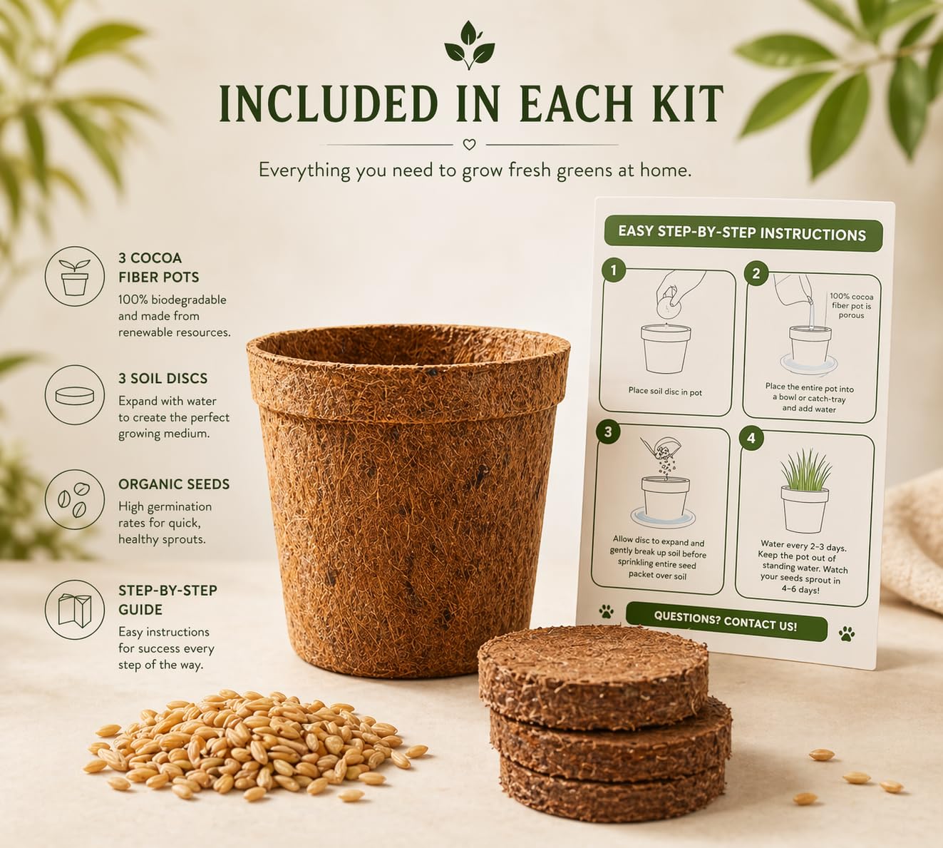 Bright Electrolytes Cat Grass Kit for Indoor Cats - Organic Cat Grass Growing Kit (3 Pack) with Soil Discs, Coco Fiber Pots & Organic Seeds - Natural Hairball Control & Digestion Remedy
