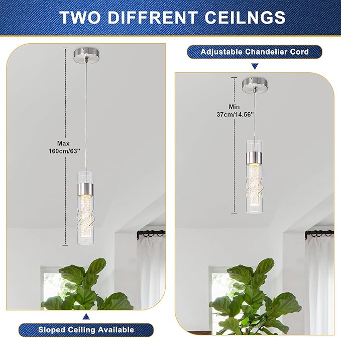 WILON Led Kitchen Ceiling Light, 24W Crystal Hanging Lights with Threaded Clear Glass, Adjustable Modern Led Kitchen Light Fixtures Pendant Light for Dining Room Bedroom(3 Pack)