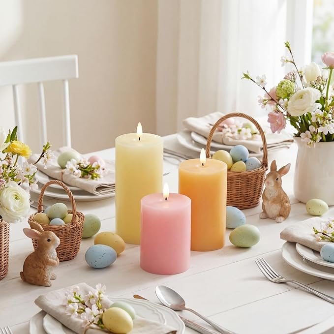 3 Pcs Easter Flameless Candles Battery Operated LED Flickering Pillar Candles with Remote Real Wax Pastel Spring Table Decor for Easter Party Wedding Table Centerpiece Home Decorations