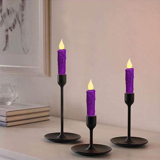 CVHOMEDECO. Glitter Flameless Candles Flickering Battery Operated LED Taper Candles with Timer for Home, Wedding, Halloween, Christmas Decor. Purple, 4-3/4 Inch, Set of 3