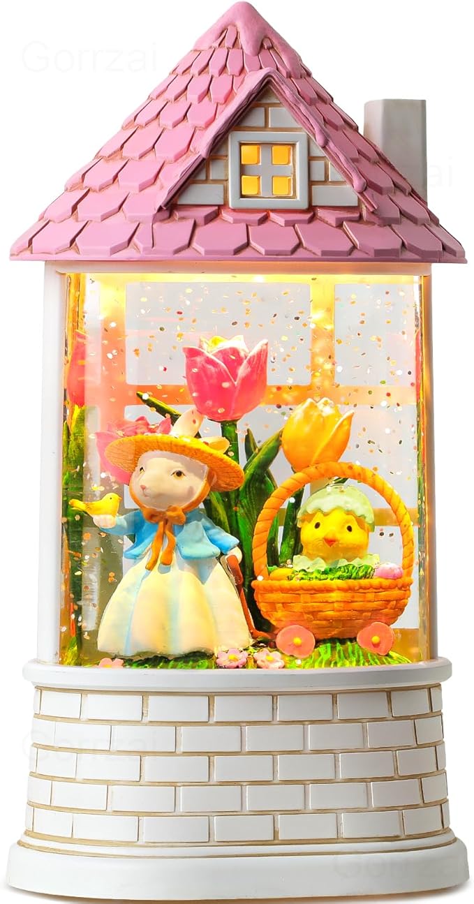 Easter Snow Globe Lantern Bunny Easter Decorations for Home with Timer Swirling Glitter, Lighted Indoor Decor Gifts with Basket Eggs Chicken, USB or Battery Operated