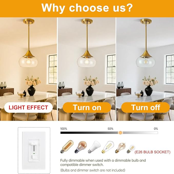 2 Pack Pendant Lights Kitchen Island, Modern Gold Pendant Light Fixtures with 8.5" Clear Glass Shade, Industrial Hanging Pendant Lights for Kitchen Island Dining Room Bedroom Hallway Entryway