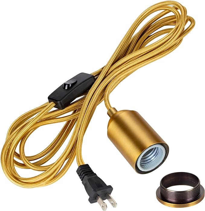 Hanging Lights with Plug in Pendant Cord Switch Golden Light Bulb Socket with Industrial Extension Rope DIY lamp Replacement Pendant Light kit Lantern Cord Porcelain Fixture Fabric Cable 15ft