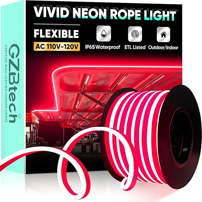 GZBtech Flexible LED Neon Rope Lights 50FT,AC 110-120V Waterproof Strip Light, 120 LEDs/M Cuttable Connectable Neon Lighting for Indoor Outdoor Home Decor/Commercial Building Use-Red 15M, ETL Listed