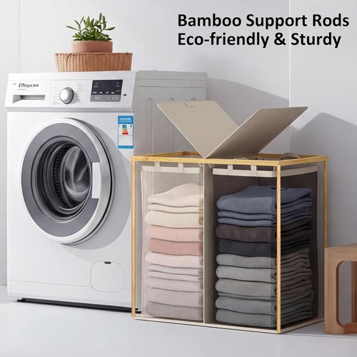 Efluky Laundry Hamper - Double Section Basket with Lid & Removable Bags - 140L Beige for Bathroom & Bedroom