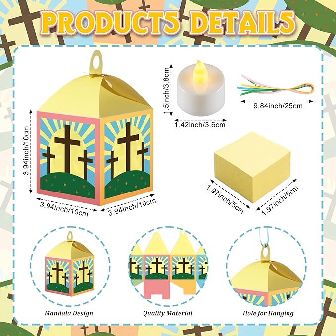 24 Sets Easter Crafts with LED Candle Light He is Risen Tissue Paper Resurrection Craft DIY VBS Christ Suncatchers Lanterns Hanging for Fun Home Activities Sunday School Christian Decoration