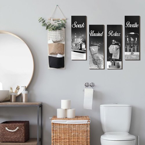 Honoson Bathroom Decor Wall Art - 4 Pcs Farmhouse Signs for Soaking, Unwinding, and Relaxing | Black & Silver