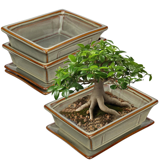 Ceramic Bonsai Pots with Drainage Tray, Set of 2 Rectangular Glazed Bonsai Planters for Indoor/Outdoor Use, Shallow Brown Bonzai Tree Pots for Succulent, Orchids, Cacti, Home, Patio, Garden, 7.5"x5.5"