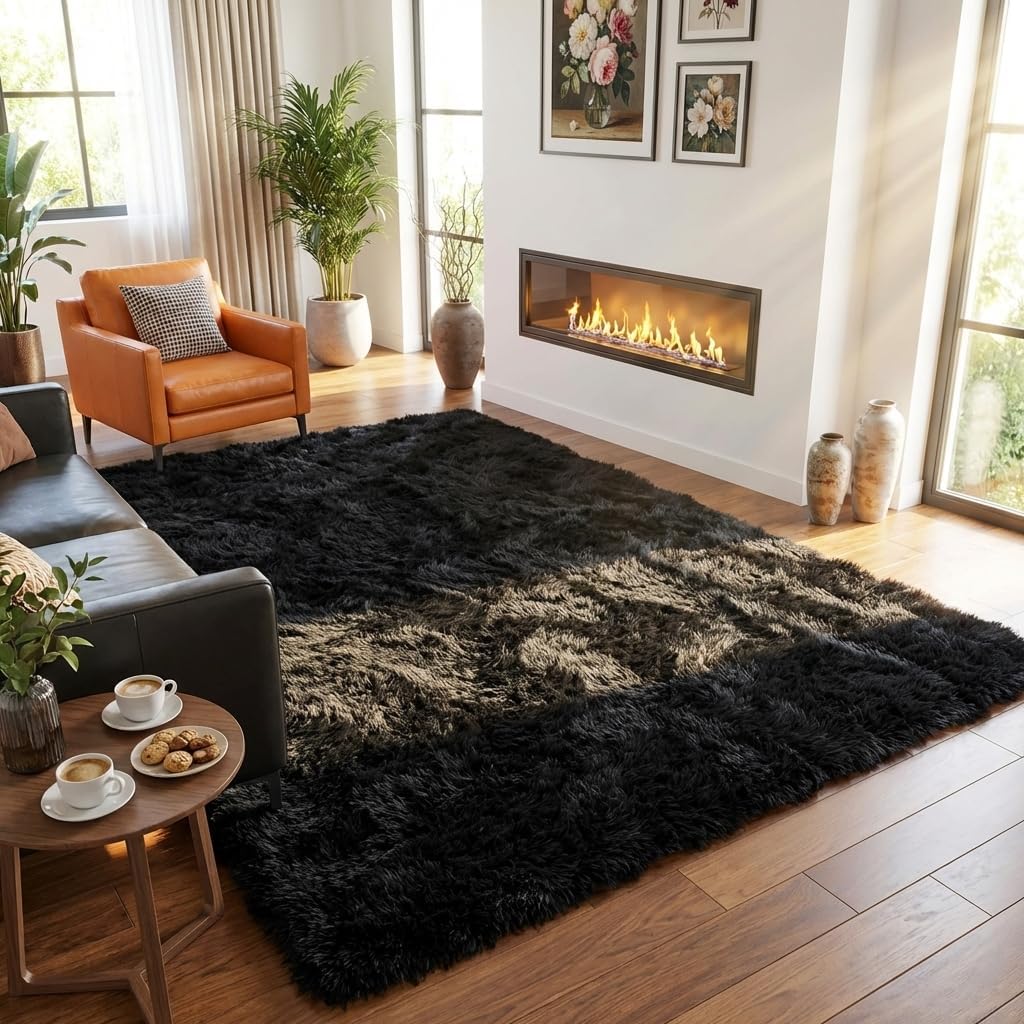 Mugorn Black Area Rug - Soft Fluffy Shag Carpet for Bedroom & Living Room | 2x3 Feet with Non-Slip Pads