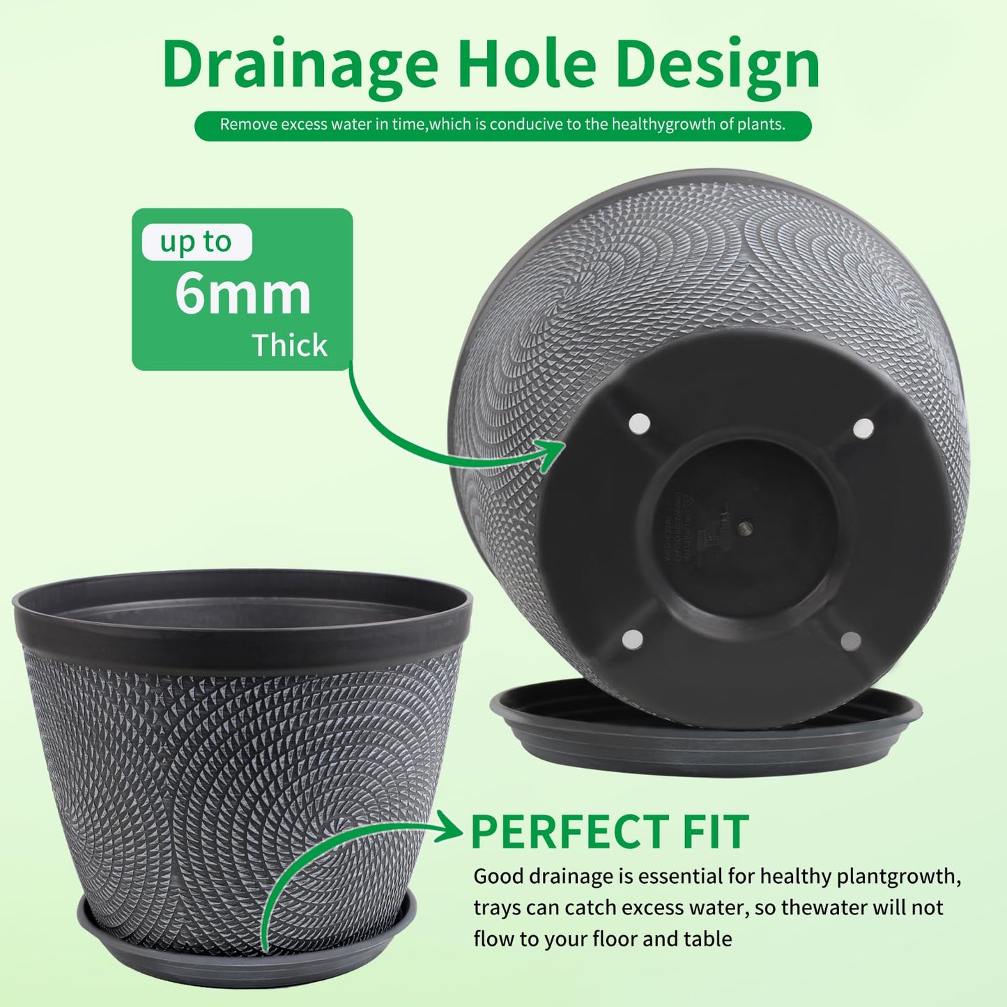 Quarut 4 Pack 6 Inch Flower Pots Planters for Outdoor Indoor, Plastic Plant Pots with Drainage Hole & Tray, Modern Decorative Garden Pot with Saucer, planters for House (Gray)
