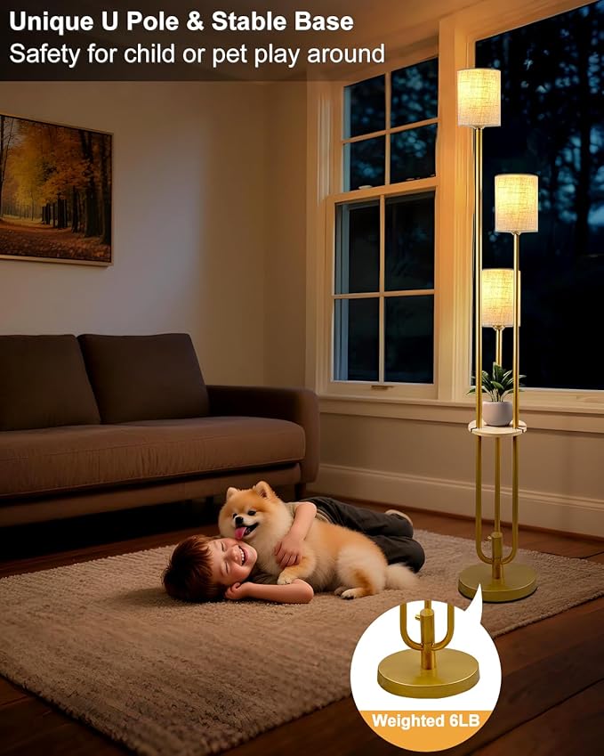 Lightdot 64Inch Floor Lamp with Table Dimmable Gold Floor Lamp for Living Room 3 Lights Mid Century Modern Tall Standing Lamp with Fabric Shade for Bedroom/Sofa Beside/Corner Decor(Bulbs Included)
