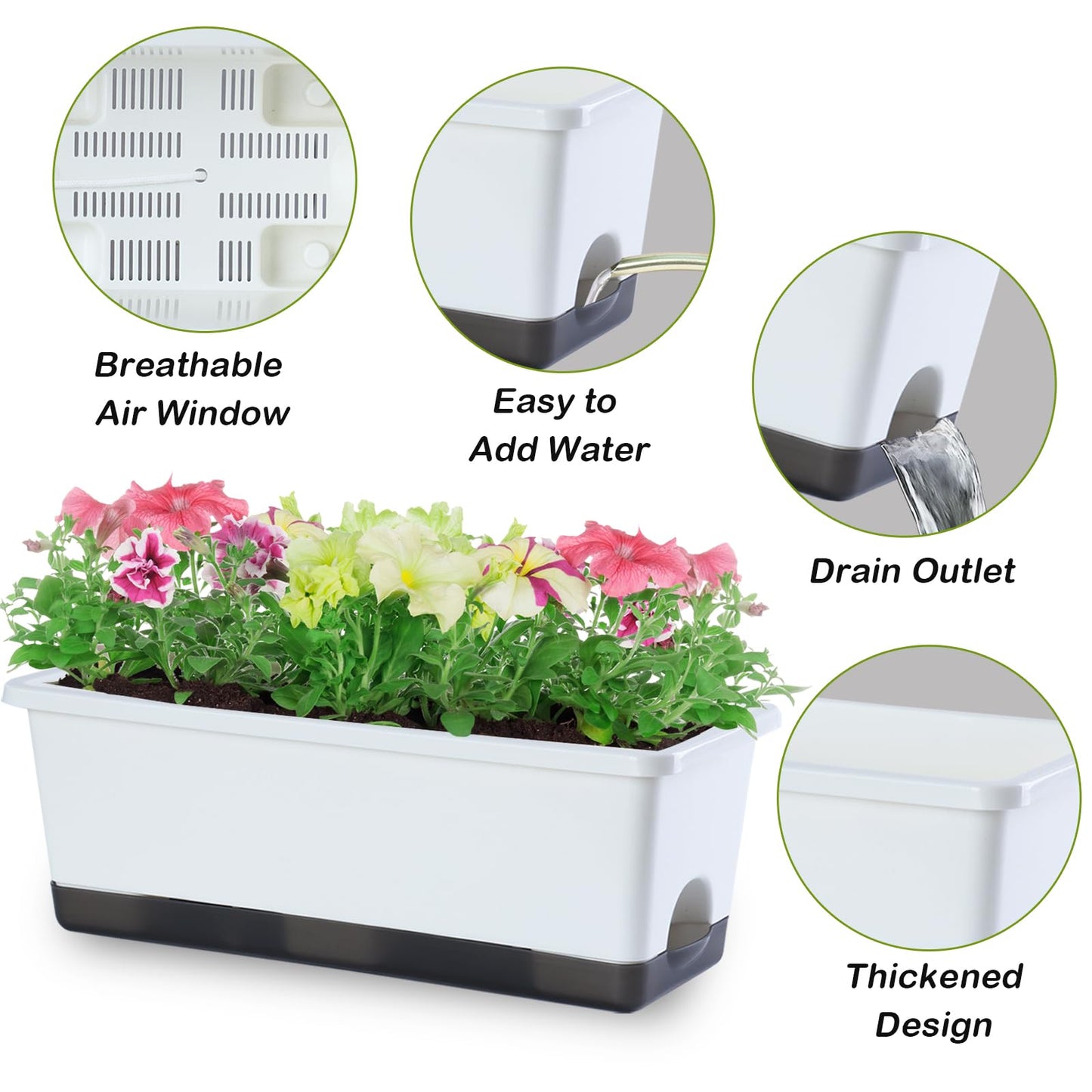 Oliz Window Box Planter 8 Pcs, 17 Inches Rectangle Flower Pots with Drainage Holes & Trays, Vegetable Planters for Windowsill Patio Garden Balcony Home Indoor Outdoor (White, 16 * 7 * 6 inch)