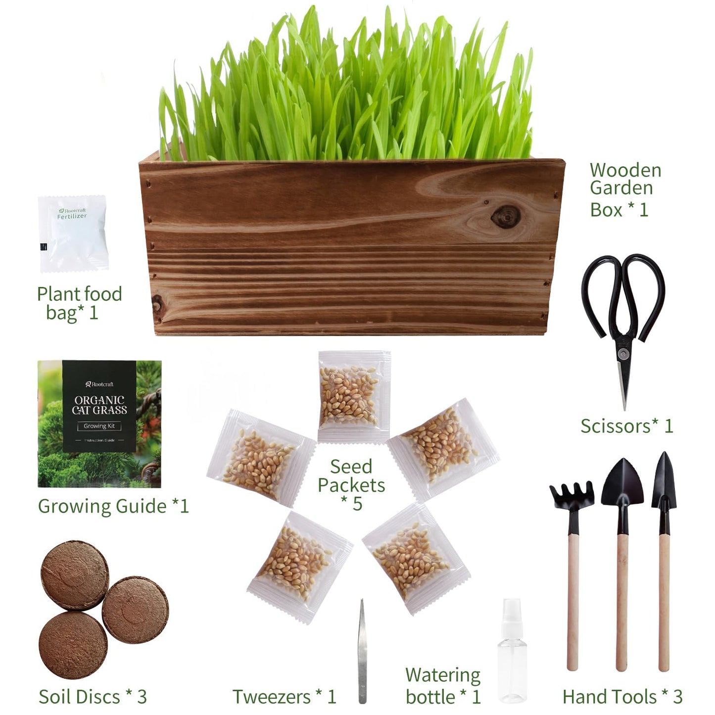 5-Pack Cat Grass Kit for Indoor Cats with Wood Planter, Grow Organic Non-GMO Wheat Grass in 4-7 Days, Aids Digestion & Hairball Control, Ideal Birthday Gift for Cat Lovers