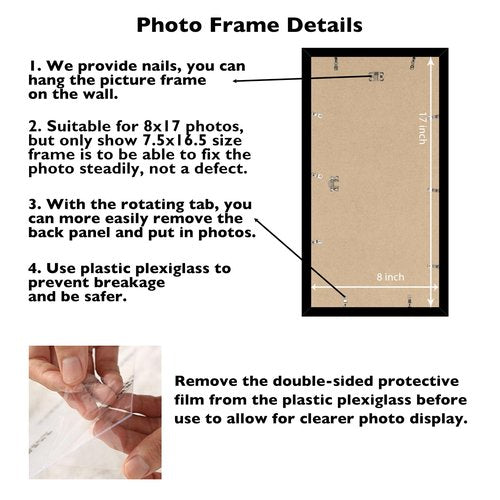 JCJMY 8x17 Black Picture Frame for Poster Photo, Horizontal & Vertical Formats, Wall Hanging, 8 x 17 Wall Gallery Poster Photo Frame