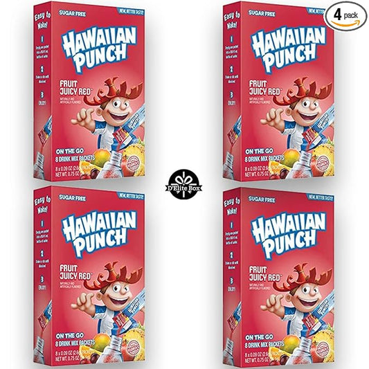 Hawaiian Punch Juicy Red Sugar-Free Powdered Drink Mix 4 Count of 8 packets each for Total of 32 Sticks bundle packaged by D'Elite Box