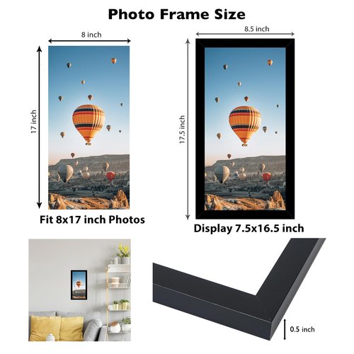 JCJMY 8x17 Black Picture Frame for Poster Photo, Horizontal & Vertical Formats, Wall Hanging, 8 x 17 Wall Gallery Poster Photo Frame