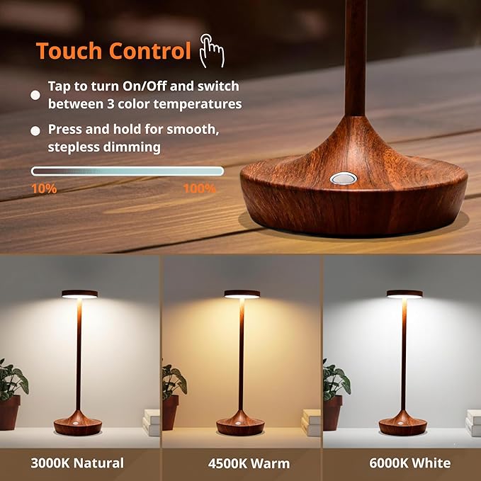 Cordless Table Lamp Rechargeable - 6000mAh LED Battery Operated Table Light - Portable Touch Dimmable Outdoor Waterproof Table Lamps for Patio Bar Restaurant Dining (2 Woodgrain)