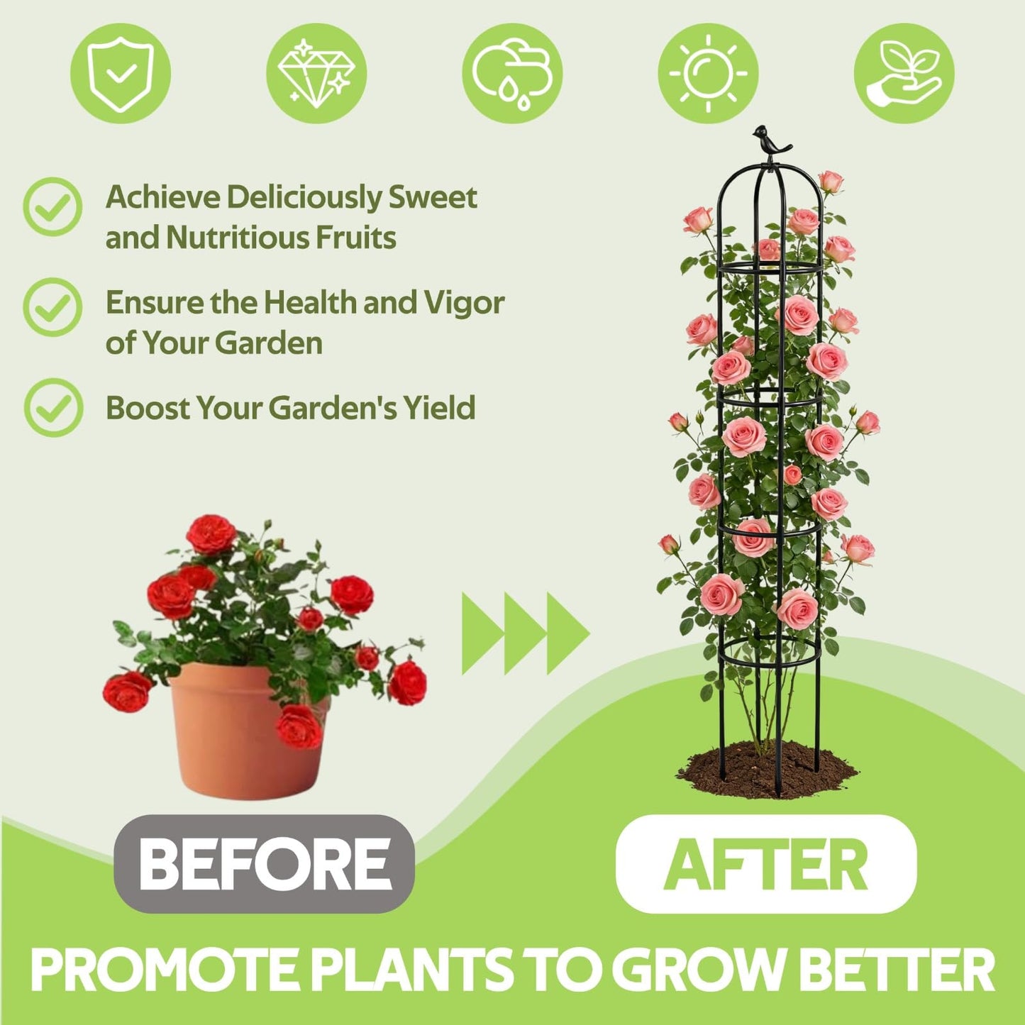 Jesosia 2 Pack Obelisk Trellis for Climbing Plants Outdoor - Heavy Duty Plastic Coated Steel Garden Arch Metal Trellis - Rustproof Tomato Cage Vertical Plant Support for Vines Vegetable Flower Indoor