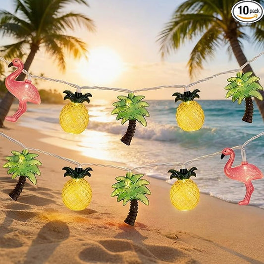 10 LED Hawaiian Beach Themed Party Decorations Lights, 8.5Ft Tropical String Light with Flamingo Pineapple Palm Tree Fairy Lights for Tropical Luau Party Beach Pool Outdoor Indoor Summer Decorations