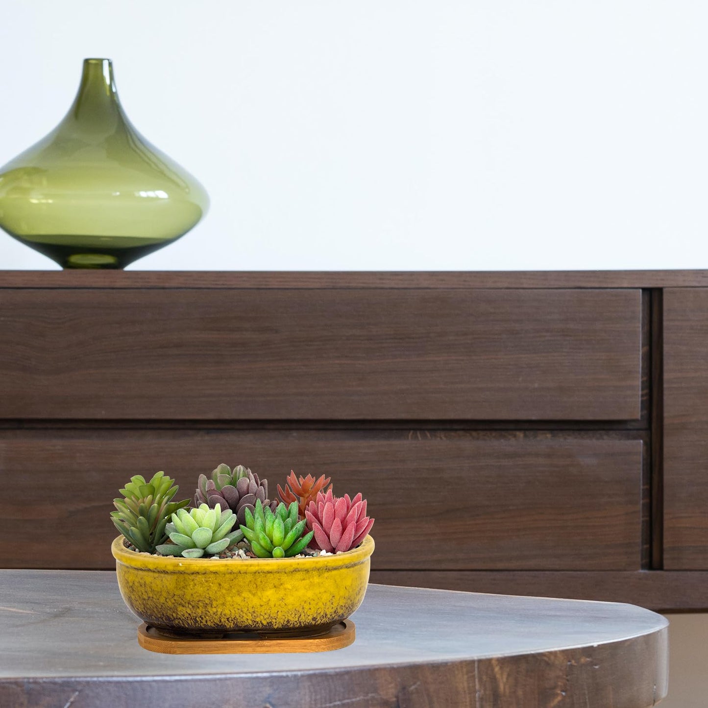 ARTKETTY Succulent Pots, 7.9 Inch Large Succulent Planters with Drainage Tray, Shallow Planters for Indoor Plants Ceramic Cactus Pots Glazed Bonsai Flower Plant Container for Home Windowsill Decor