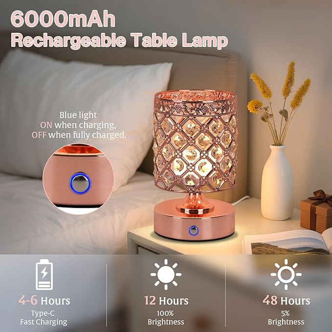 TOBUSA Crystal Cordless Table Lamp Rechargeable, Portable 6000mAh Battery Operated Lamp with 3 Color Temps & Stepless Dimming, Bedside Touch Small Desk Lamp, Rose Gold LED Night Light for Bedroom Bar